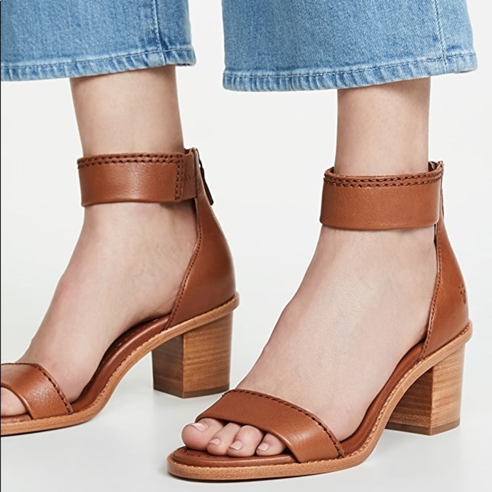 Frye Brielle Cognac Back Zip Ankle Heel Sandals - Picture 6 of 16